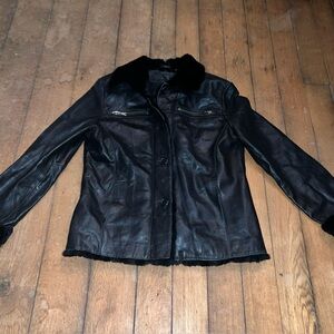 Leather Jacket by Tibor Leather With Genuine Fur Trim & Removable Vest - Sz 10